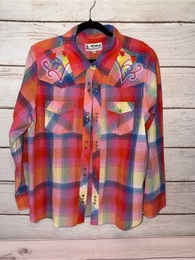 Embroidered Multicolor Plaid Western Shirt — Women’s Pink/Red Plaid Blouse